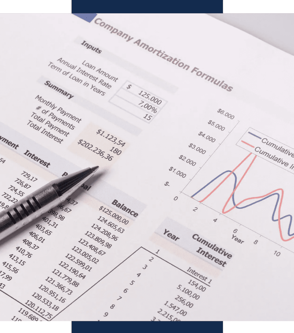 Company amortization worksheet with pen and chart